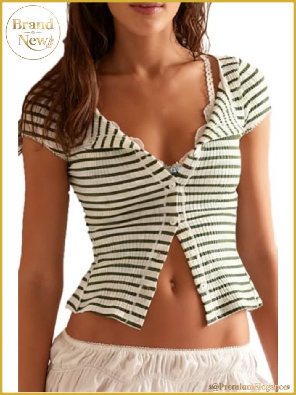 Striped Ribbed Cotton Cardigan Button Front Y2K Cap Sleeve Going Out Top